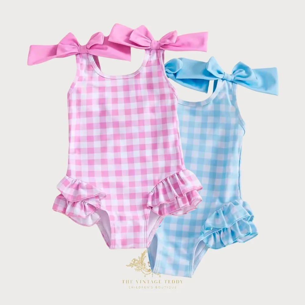 NWT Pretty Girls One-Piece Swimsuit Kids Swimwear Gingham Pink & White 6-12M